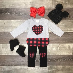Girls boutique buffalo plaid heart patch outfit